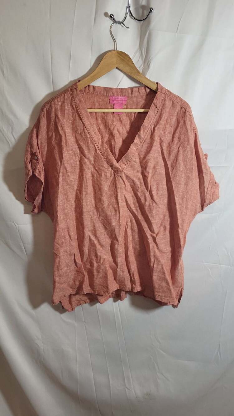 Isaac Mizrahi New York 100% Linen V-Neck Short Sleeve Top Peach Orange XL